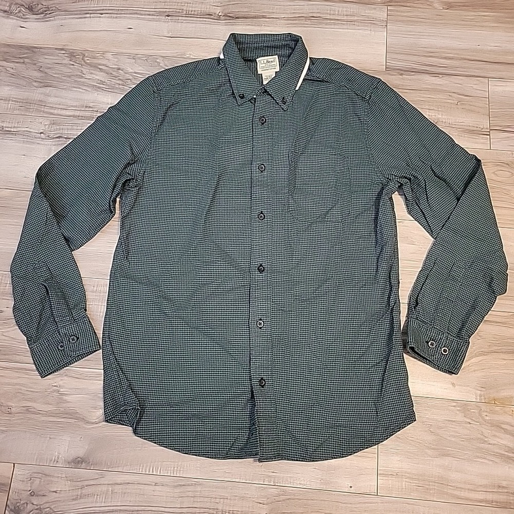 LL Bean Houndstooth Flannel Shirt Mens Medium Green Button Down Fleece NEW‎